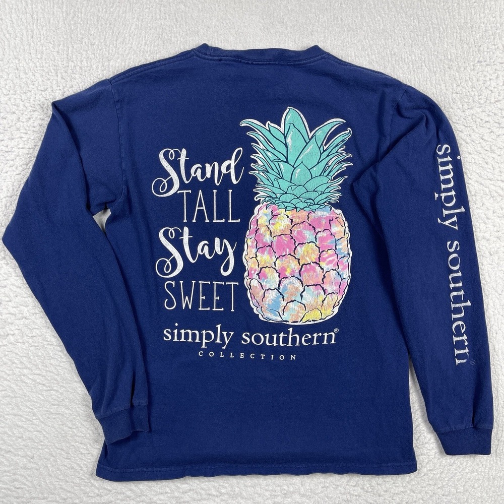 Simply‎ Southern Shirt Womens Small Blue Stand Tall Stay Sweet Pineapple Preppy
